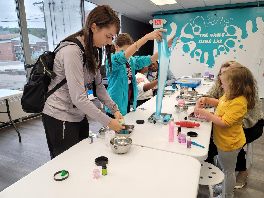 creating slime at a Slime Lab birthday party at The Vault Slime Lab